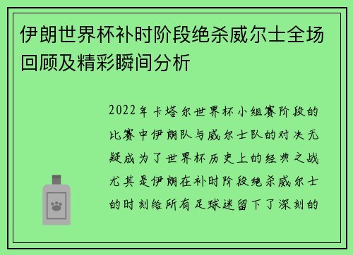 伊朗世界杯补时阶段绝杀威尔士全场回顾及精彩瞬间分析