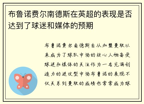 布鲁诺费尔南德斯在英超的表现是否达到了球迷和媒体的预期